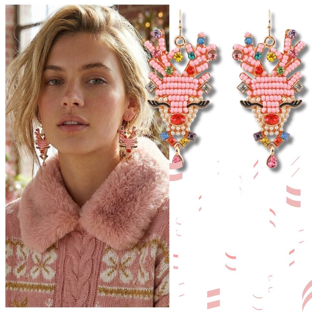 NEW in Gift Pouch - Reindeer Crystal & Beaded Christmas Holiday Pink Earrings